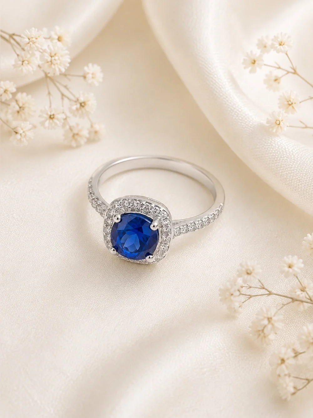 Blue and White CZ Silvertone Halo Ring Size 9.5 – 0.91 Ctw Sapphire Blue Ring